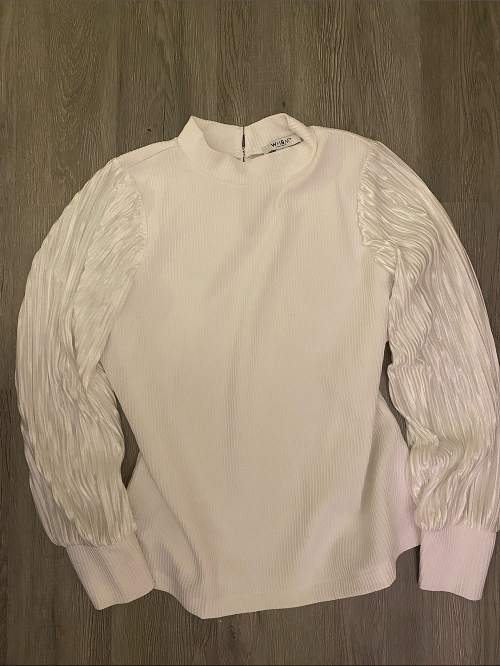 White House Black Market White Mock Neck Top with Pleated Bishop Sleeves